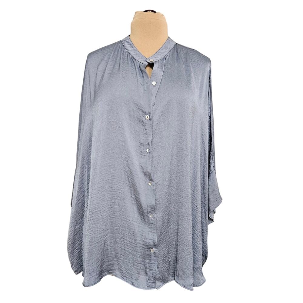 GiGiO plus+‎ Womens Slate Blue Shimmer Button Down Tunic Top Mandarin Collar XL